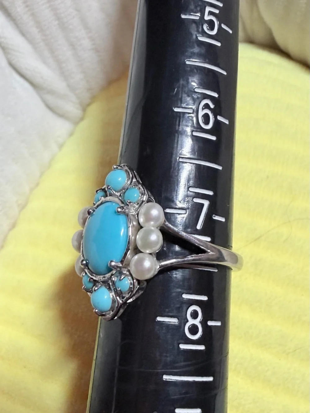 Turquoise and Pearl Sterling-Style Statement Ring - Bright Blue Accent